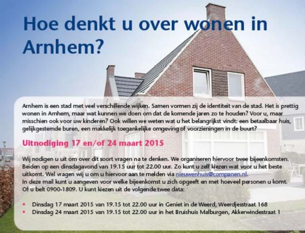 24 Maart – Bijeenkomst hoe denkt u over wonen in Arnhem?